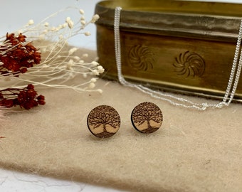 Wooden ear studs tree of life with stainless steel plug, feather-light & hypoallergenic, selectable size, unique natural jewelry, real wood jewelry