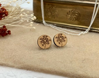 Wooden stud earrings dandelion / dandelion with stainless steel plug, feather-light & hypoallergenic, selectable size, unique natural jewelry