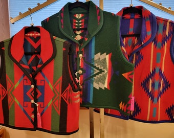 Omkeerbaar vest gemaakt van verschillende zeldzame Pendleton Indian-dekens (Beaver State, Overall en Little Big River), maat Large