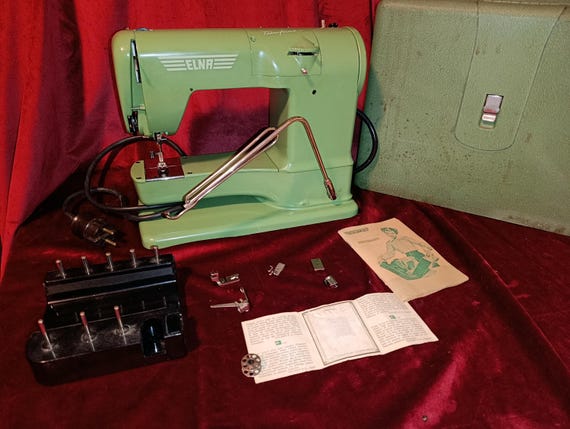 Vintage Elna Green TRANSFORMA Sewing Machine With Case Attachments