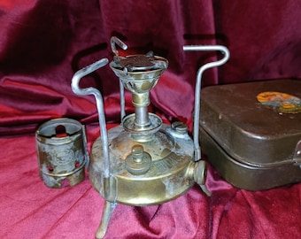 Antique PRIMUS folding paraffin stove No.96 original case camping stove brass