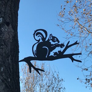 May include: Black metal silhouette of a squirrel sitting on a branch, holding a nut. The squirrel is attached to a tree trunk.