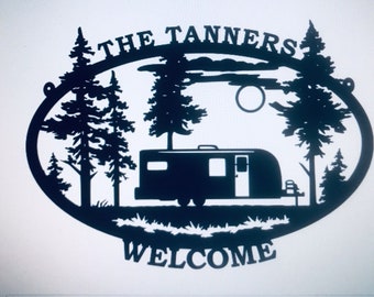 Welcome Personalized 1 Door Travel Trailer Camper Powdercoated Metal Sign