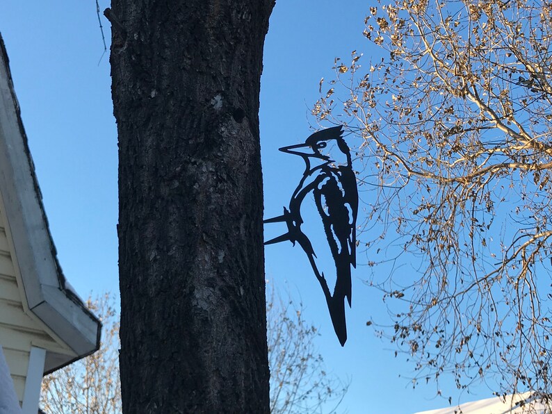 May include: Black metal silhouette of a woodpecker perched on a tree trunk. The silhouette is attached to the tree with a metal bracket. The background is a blue sky with a bare tree branch.