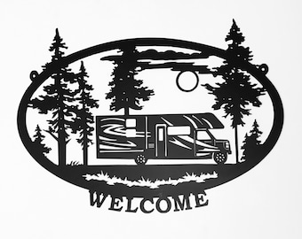 Welcome Motorhome Personalized Camper Powdercoated Metal Sign, Signe de Bienvenue