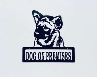 Norwegian Elkhound Dog on Premises Metal Sign, Powdercoated for Outdoor or Indoor Use, Great gift for Dog Lovers