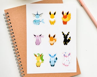 Eevee Art Print | Eeveelutions Umbreon Espeon Sylveon Vaporeon Eevee evolutions Wall decor | video game anime wall art minimal 5x7 in