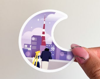 Moon sticker | Magical girl Anime couple, Romantic Tokyo Tower skyline 90s anime manga stickers