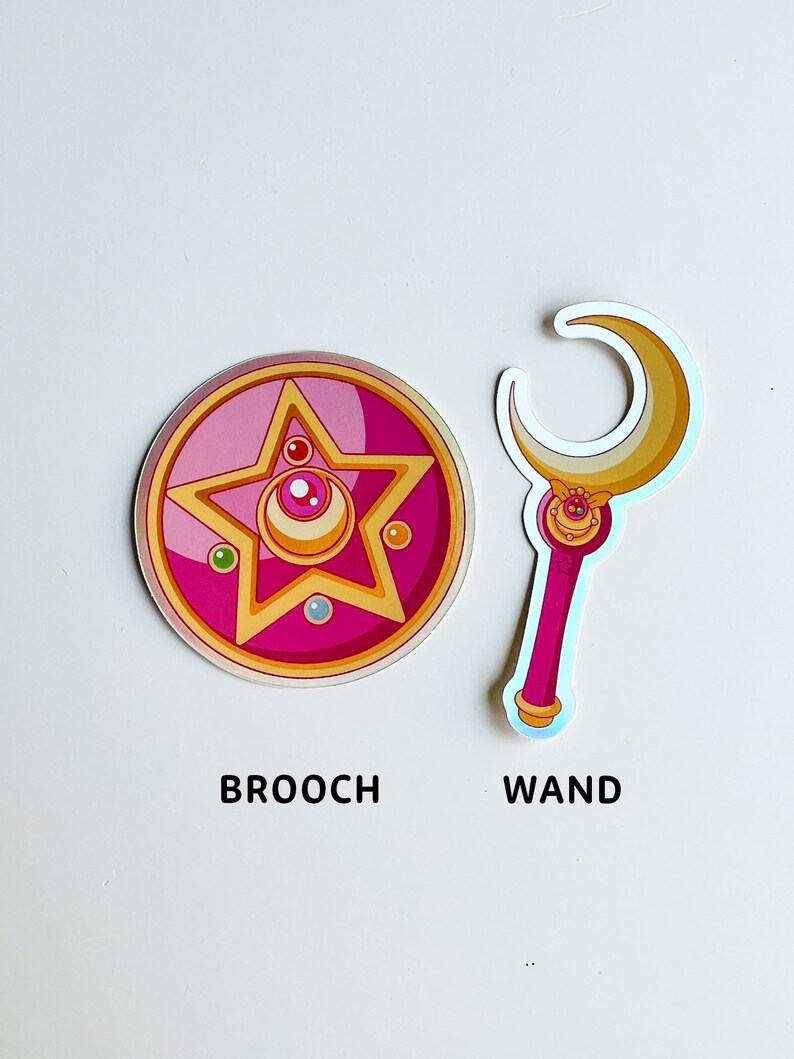Holographic Crystal Star Brooch and Moon Stick sticker inspired by Sailor Moon. This vibrant sticker captures the iconic elements of the beloved 90s anime.