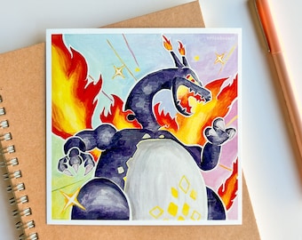 Shiny Charizard Art Print | Charizard VMAX trading card painting artwork, video game anime handmade wall art decor gift postcard 5x5 in