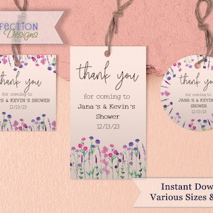 Fully Editable Favor Tags Instant Download, Purple Wedding Favor Tag, Wildflower Round Tags, Wildflower Baby Shower, Custom Thank You Tags