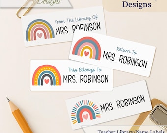 Teacher Library Labels, Boho Rainbow Teacher Book Stickers, School Supplies Labels, Waterproof Labels, Personalized Name Labels