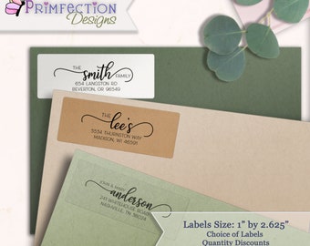 Set of Return Address Labels - Custom Personalized Stickers, Fancy Modern Script, Choice of Clear, Glossy, Brown Kraft, Pink, Waterproof