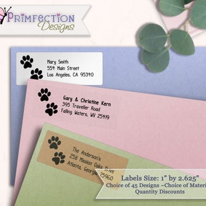 May include: Three different envelopes with personalized address labels featuring a paw print design. The labels are 1 inch by 2.625 inches and are available in 45 designs and a variety of materials. Quantity discounts are available.