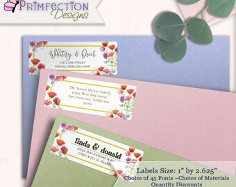 May include: Three floral address labels with gold trim and a watercolor design. The labels are 1 inch by 2.625 inches and feature the names and addresses of three different people. The text on the labels reads "Whiting & Oscar", "The Steven Martin Family", and "Linda & Donald".
