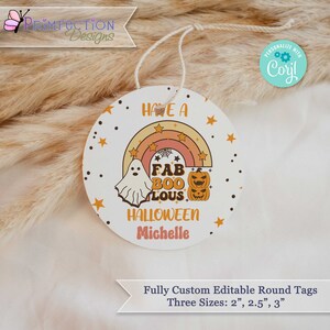 Retro Halloween Tag Printable | Editable Halloween Gift Tag | Fab Boo Lous Tag | Personalize With Corjl | Halloween Stickers | Round Tags