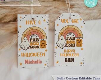 May include: Two printable Halloween gift tags with a rainbow, ghost, and pumpkins. The text on the tags reads "Have a Fab Boo-lous Halloween" and "You Are Happy Halloween".