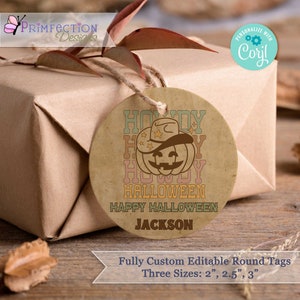 Howdy Halloween Tag Downloadable Printable Trick Or Treat Gift Tag Halloween Treat Bag Tag Edit With Corjl Round Halloween Treat Stickers