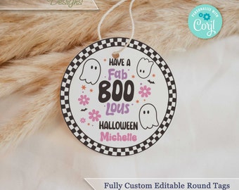 May include: A round, white tag with a black and white checkered border. The tag has a ghost, flowers, and bats printed on it. The text on the tag reads "Have a Fab Boo-lous Halloween Michelle". The tag is available in three sizes: 2 inches, 2.5 inches, and 3 inches.