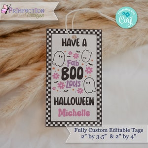 Retro Halloween Tag Printable Girl Birthday Party Favor Tag FAB BOO LOUS Tag Girl Pink Halloween Ghost Gift Tag Editable Instant Download