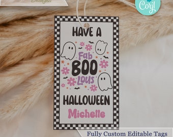 May include: Printable Halloween gift tags with a black and white checkered border. The tags feature a ghost with the text "Have a Fab Boo-lous Halloween" and a space for a name. The tags are fully customizable and come in two sizes: 2 inches by 3.5 inches and 2 inches by 4 inches.