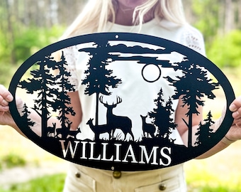 Personalized Oval Deer Metal Cabin Sign | Outdoor Hunting | Deer Hunter Gift | Custom Family Name Sign | Last Name Deer Monogram Cabin Decor