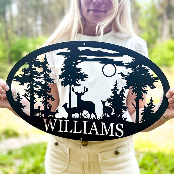 Personalized Oval Deer Metal Cabin Sign | Outdoor Hunting | Deer Hunter Gift | Custom Family Name Sign | Last Name Deer Monogram Cabin Decor