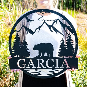 Bear Cabin Sign | Personalized Metal Bear Sign | Cabin Decor | Outdoor Bear Decor | Rustic Cabin Bear Sign | Door Monogram | Rustic Decor