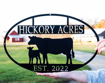 Cow Oval Farm Sign | Custom Metal Ranch Name Sign | Cow and Calf Outdoor Sign | Dairy Farm Sign | Cow Decor Wall Art | Farm Gift Barn Decor