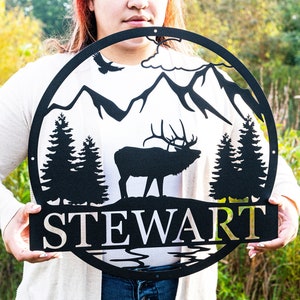 Personalized Hunting Sign | Outdoor Metal Elk Sign with Mountain | Hunting Gift | Metal Nature Wall Art Mountains Trees Wildlife Lover Gift