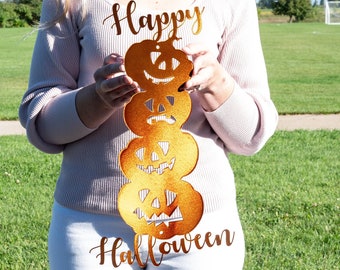 Metal Happy Halloween Sign | Jack o Lantern Halloween Pumpkin Sign, Farmhouse Halloween Decor, Rustic Halloween Decoration, Front Door Decor