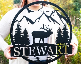 Personalized Hunting Sign | Outdoor Metal Elk Sign with Mountain | Hunting Gift | Metal Nature Wall Art Mountains Trees Wildlife Lover Gift