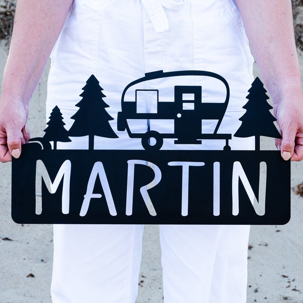 Metal Retro Camper Plaque with Trees | Personalized Camper Decor | Camping Gift | Outdoor Campsite Sign | Family Camp Name Sign Camping Gift