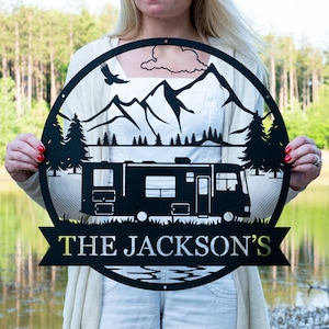 Custom Motor Home Camper Sign Metal Outdoor Camping Sign Family Camp Sign Mountain Camping Gift Sign for Campers RV Campground Sign image 1