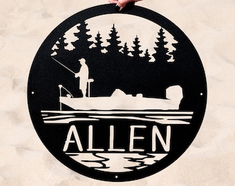 Metal Bass Fishing Scene Name Sign | Outdoor Bass Fishing Sign | Fishing Gift for Men | Custom Fishing Sign | Fisherman Gift Groomsmen Gift