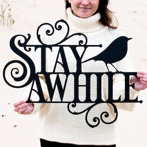 "Stay Awhile" Farmhouse Wood Sign By Flowershave357 - Rustic Home Decor Wall Plaque In 3 Sizes - View #9