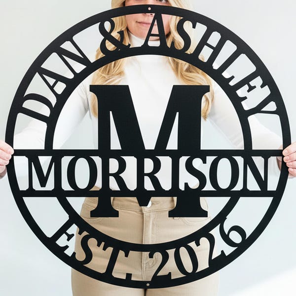 Double Circle Split Letter Metal Monogram | Personalized Family Name Sign, Closing Gift, Housewarming Gift, Metal Initial Wedding Monogram