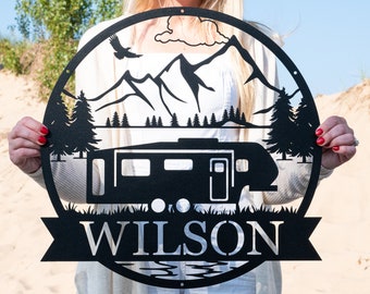 Custom Fifth Wheel Camper RV Sign | Metal Outdoor Camping Sign | Family Camp Sign | Mountain Camping | Sign for Campers Custom Campsite Sign