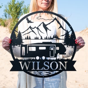 Custom Fifth Wheel Camper RV Sign | Metal Outdoor Camping Sign | Family Camp Sign | Mountain Camping | Sign for Campers Custom Campsite Sign