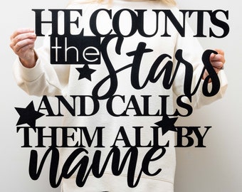 Metal Word Wall Art | He counts the stars and calls them all by name Bible Verse Art, Psalm 147:4 Scripture Inspirational Christian Wall Art