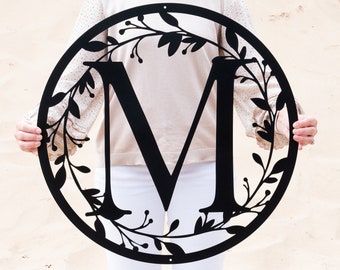 Metal Circle Letter Monogram with Vines | Wall Monogram Sign | Couples Gift | Letter Decor, Letter Vine Monogram | Wedding Gift, Metal Sign