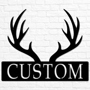 Custom Metal Deer Antler Monogram Deer Antler Decor Deer Hunter Gift Deer Name Sign Fathers Day Gift Gift for Him Cabin Sign Black