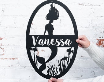 Personalized Metal Mermaid Wall Decor | Mermaid Name Sign | Mermaid Wall Hanging, Beach House Decor, Kids Room Nursery Decor, Nautical Decor