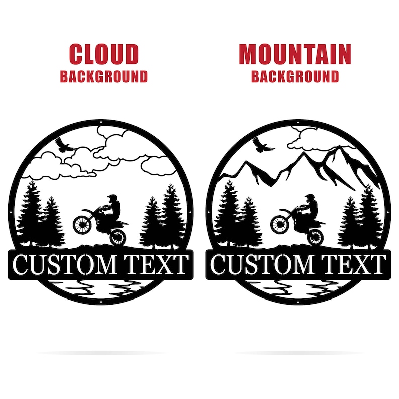 Puede incluir: Dos dise&ntilde;os de silueta de metal negro de un piloto de motocross en un entorno de bosque. El dise&ntilde;o superior presenta un fondo de nubes con el texto "CLOUD BACKGROUND". El dise&ntilde;o inferior presenta un fondo de monta&ntilde;a con el texto "MOUNTAIN BACKGROUND". Ambos dise&ntilde;os incluyen el texto "CUSTOM TEXT" debajo de la imagen.