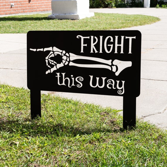 Halloween Fright this Way Metal Yard Sign | Outdoor Halloween Lawn Decor, Skeleton Halloween Sign, Halloween Home Decor Spooky Skeleton Hand