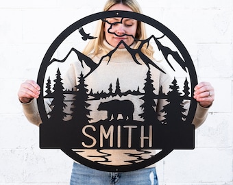 Wilderness Bear Cabin Sign, Mountain Decor Personalized Metal Bear Sign, Cabin Decor, Outdoor Bear Decor, Rustic Cabin Bear Sign, Door Decor