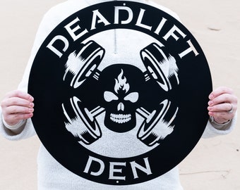 Custom Metal Skull Barbell Gym Name Sign, Dead Lift Den Workout Room Wall Art, Personalized Home Gym Sign, Custom Gym Decor, Workout Garage