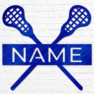 May include: Blue metal lacrosse stick wall decor with a blue metal nameplate that says "NAME".