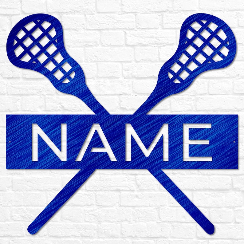 May include: Blue metal lacrosse stick wall decor with a blue metal nameplate that says "NAME".
