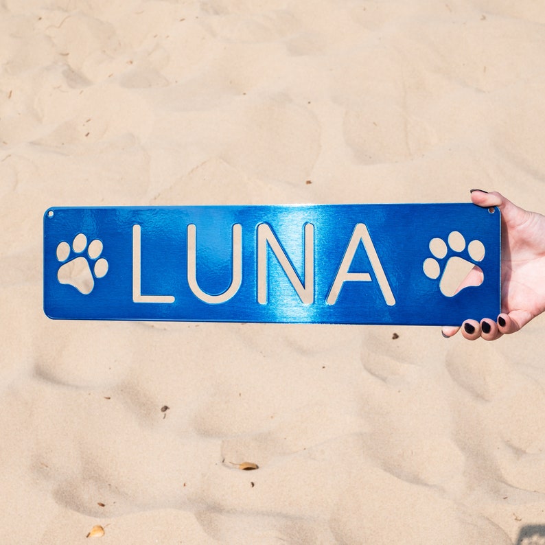 May include: A blue metal sign with the name "LUNA" in white lettering and a paw print on each side.